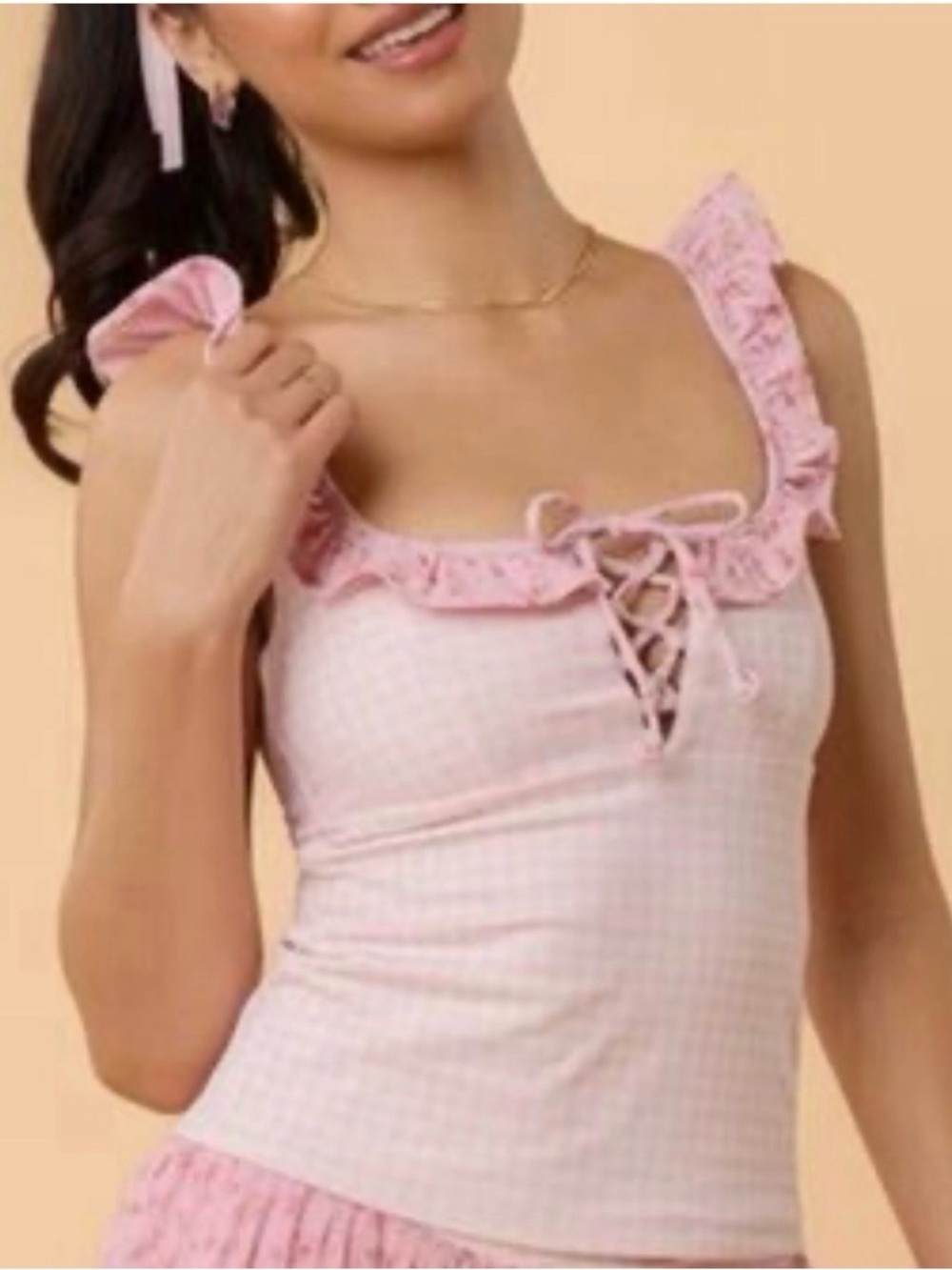 NWT XS Blogilates Women’s Ruffle Lace Up Tank Pink Gingham Floral Activewear